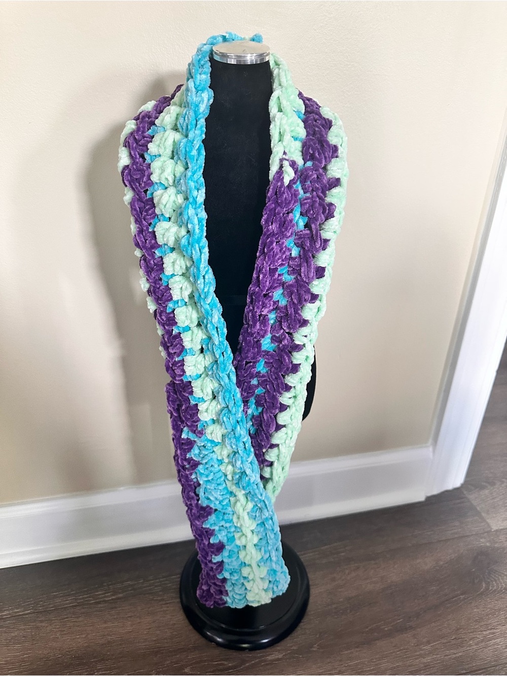 Handmade Plush Crochet Infinity Scarf in Purple, Aqua & Mint